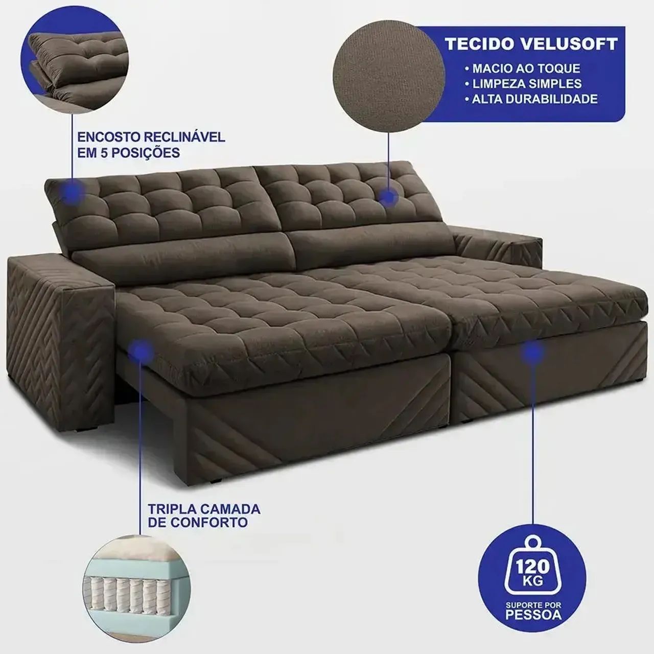 Sofá Retrátil E Reclinável 2,70m Molas Ensacadas Max Spring - Foto 4