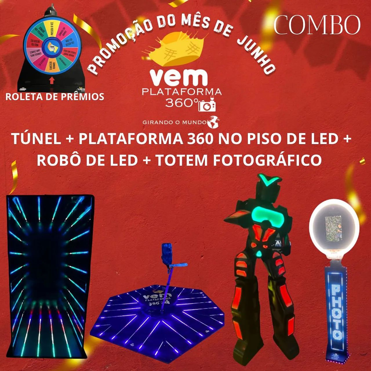Combo Festa: Túnel LED, Plataforma 360, Robô LED e Totem