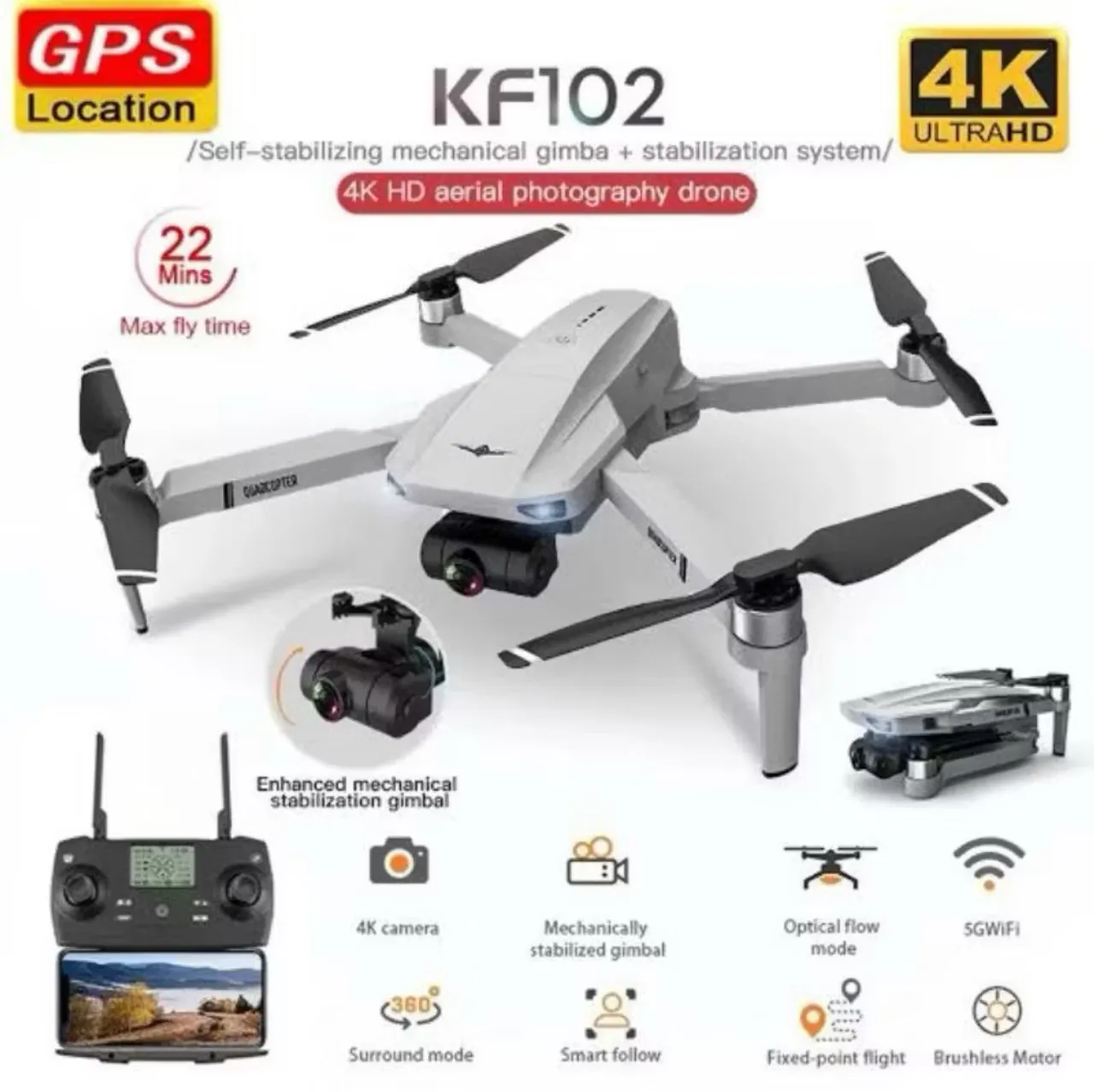 Drone KF102 4K HD com GPS e Estabilização Mecânica