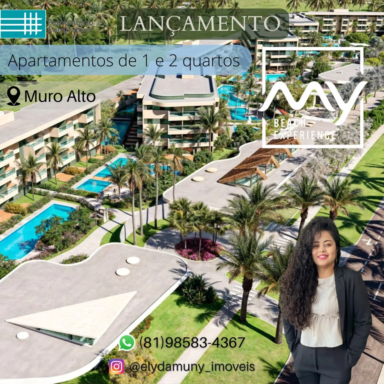 Lindos Flats Studios com varanda e frente piscina em Muro Alto - Ipojuca