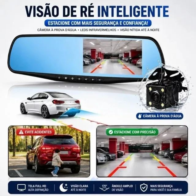 Espelho Retrovisor com Câmera Frontal e Câmera de Ré Full HD - Foto 3