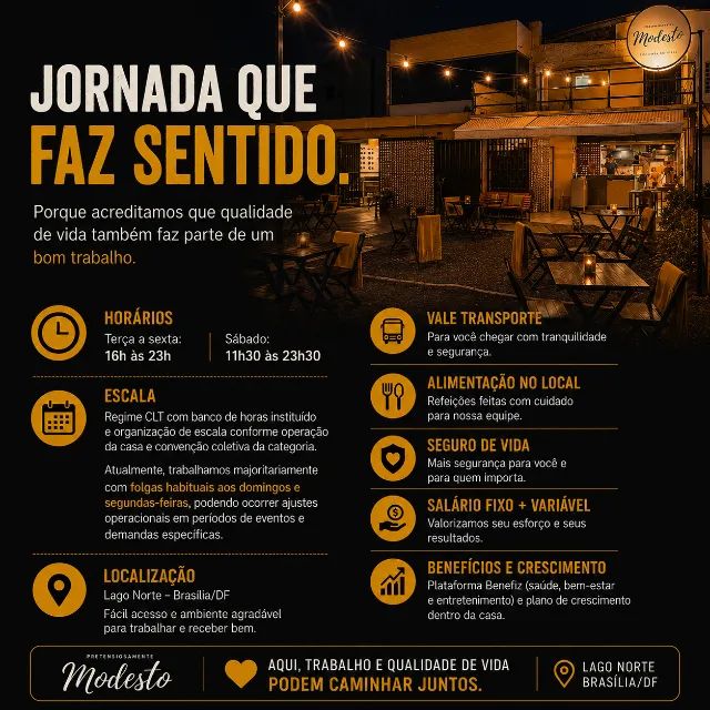 Modesto está contratando | Atendimento, Pizza, Cozinha e Serviços Gerais