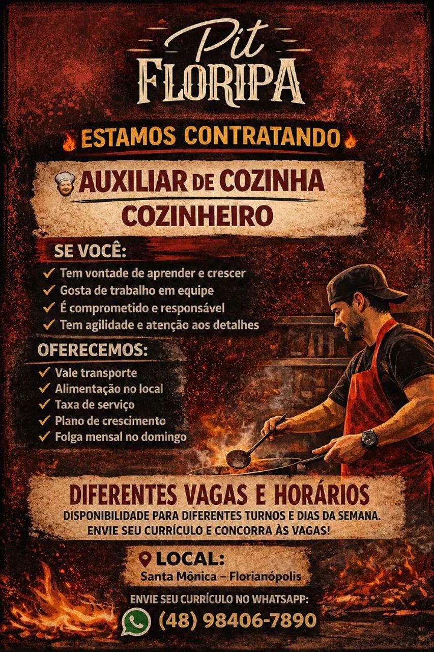 Vagas para auxiliar e cozinheiro, início imediato!