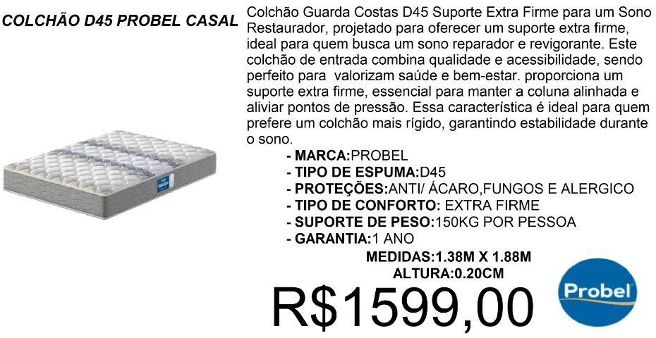 Colchão D45 - probel - casal - compre hoje e receba em até 72 horas