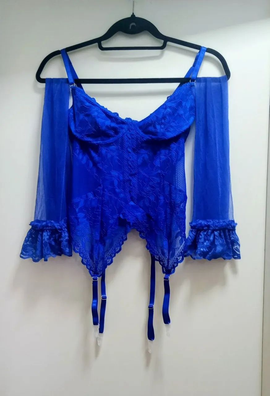 Conjunto De Lingerie De Renda Com Ligas E Meias Azul Royal  - Foto 2