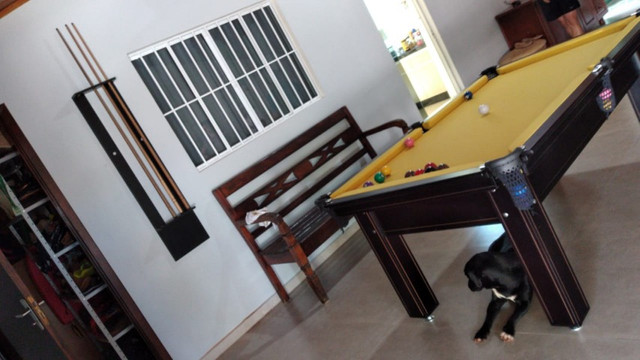 Mesa Tentação de Sinuca e Bilhar Cor Marrom Tecido Amarelo Mod. WEPF4260