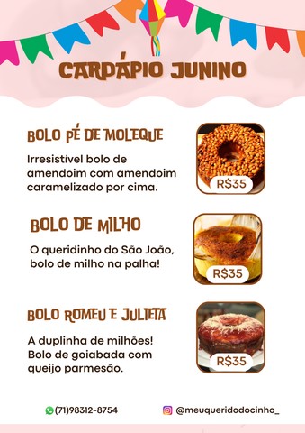 Cardápio Junino - Bolos e doces regionais!
