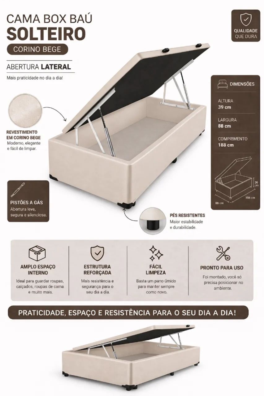 Cama Box Báu Solteiro Sintético Bege - 39x88x188 - Foto 2