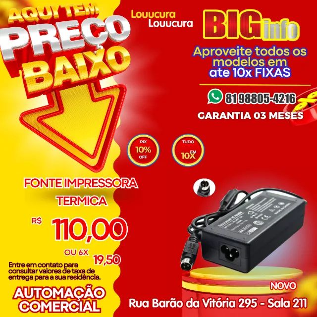 Fonte Alimentação 24v 2,5a + cabo P/impressoras Térmica 