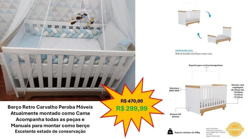Berço Retro Carvalho Peroba Móveis 