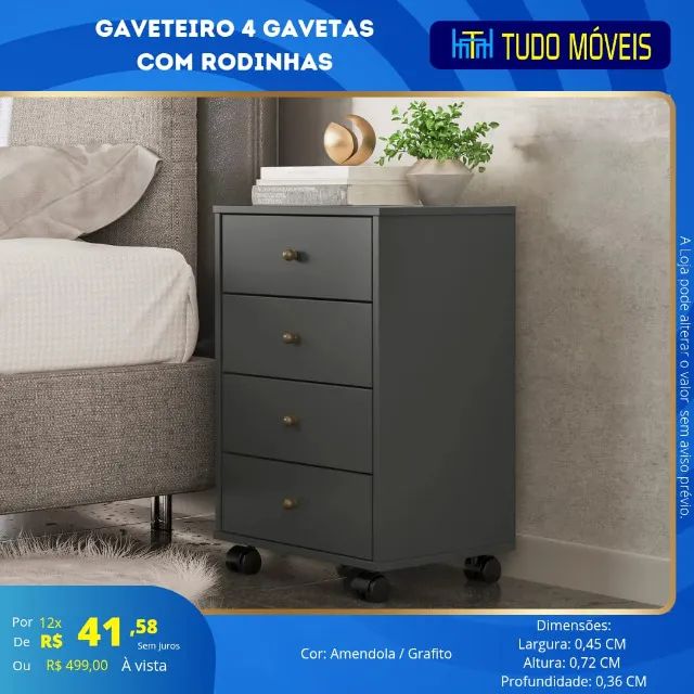 Gaveteiro c/rodinhas e 4 gavetas 