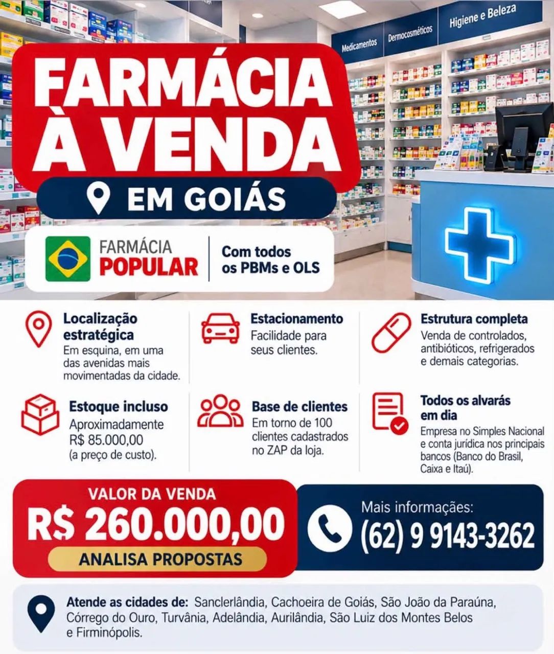 Drogaria tradicional à venda completa e em funcionamento