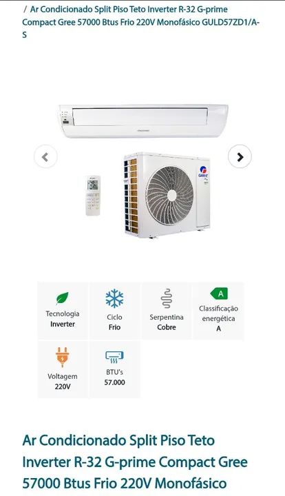 Ar condicionado split piso teto inverter R-32 G prime compact 57.000 btus frio 220v
