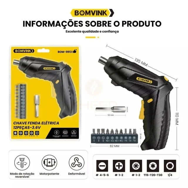 Kit Parafusadeira 3.6V 12 Peças Chave Fenda Elétrica Inclui Bits Diversos