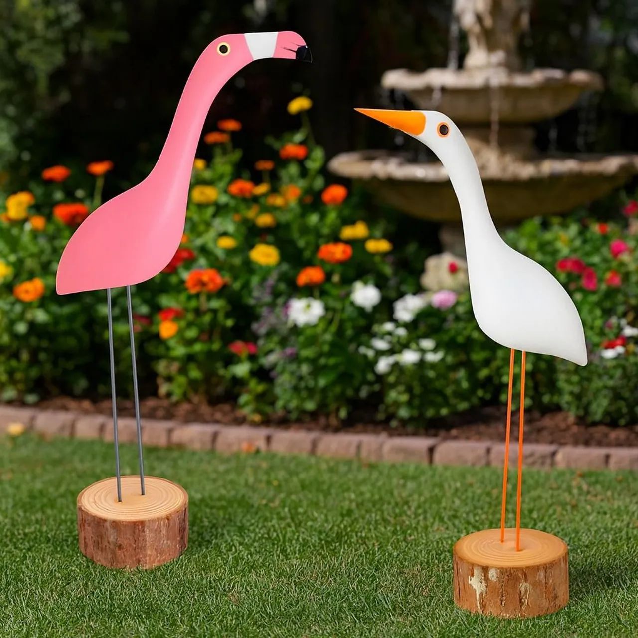 Garça e flamingo de madeira maciça para jardim