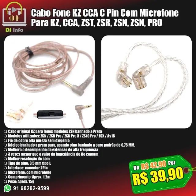 Cabo Fone KZ CCA C Pin Com Microfone