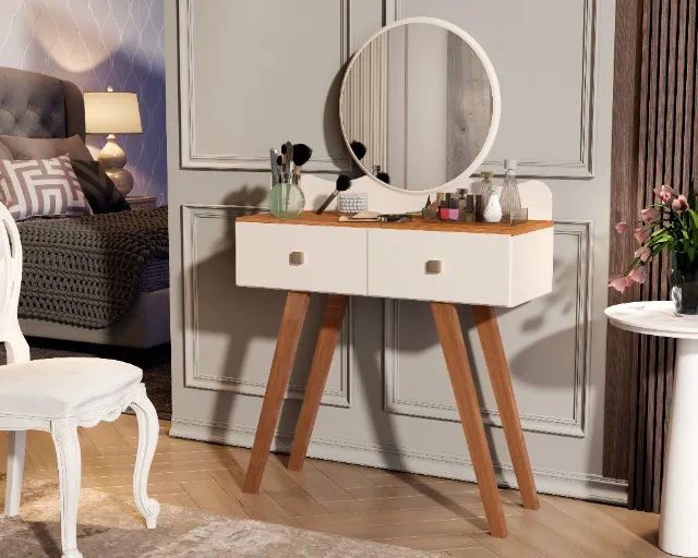 Retro Dresser with 2 Drawers and Round Mirror, Wooden Legs, Multiple Colors, NEW