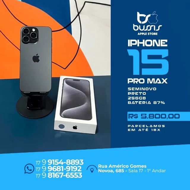 iPhone 15 Pro Max 256GB Preto Saúde de bateria 87% R$ 5.800,00