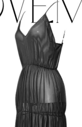 Vestido preto transparente em tule elástico G/GG, decote V