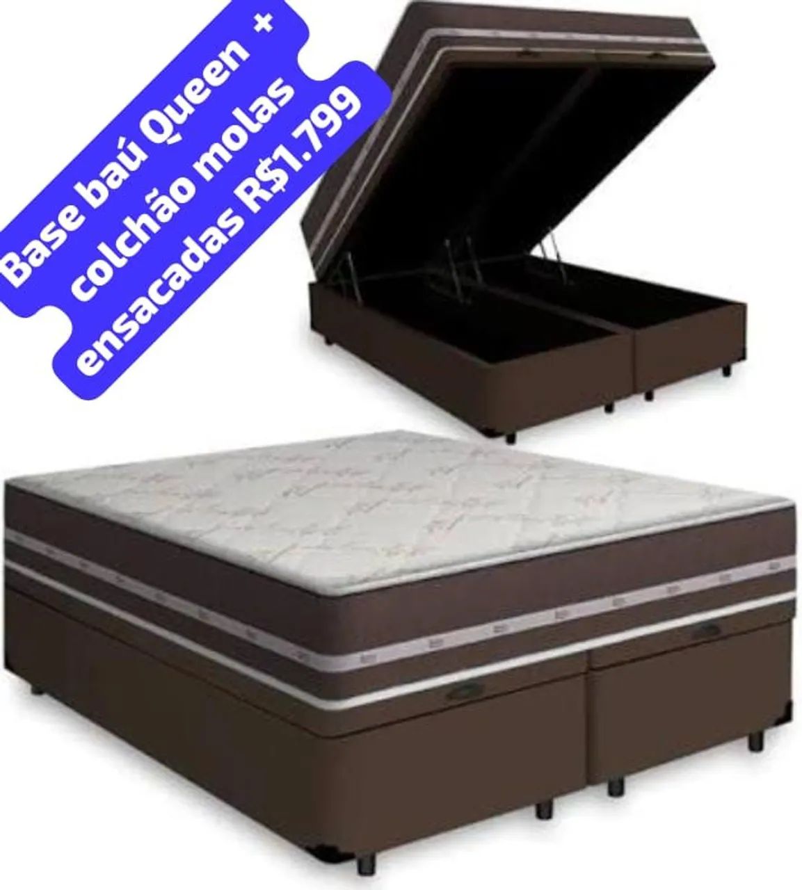 CAMA BOX BAU QUEEN BIPARTIDO + COLCHÃO MOLAS ENSACADA QUEEN 
