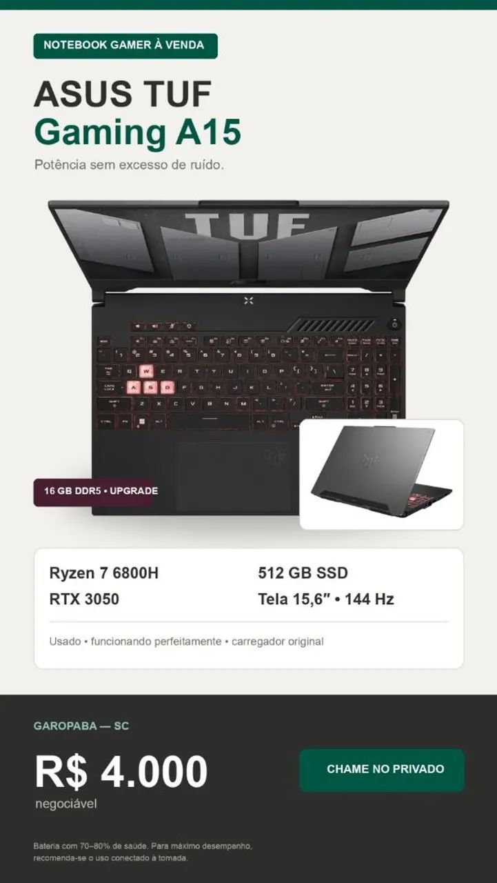 ASUS TUF Gaming A15 / Ryzen 7, RTX 3050 e 16 GB DDR5