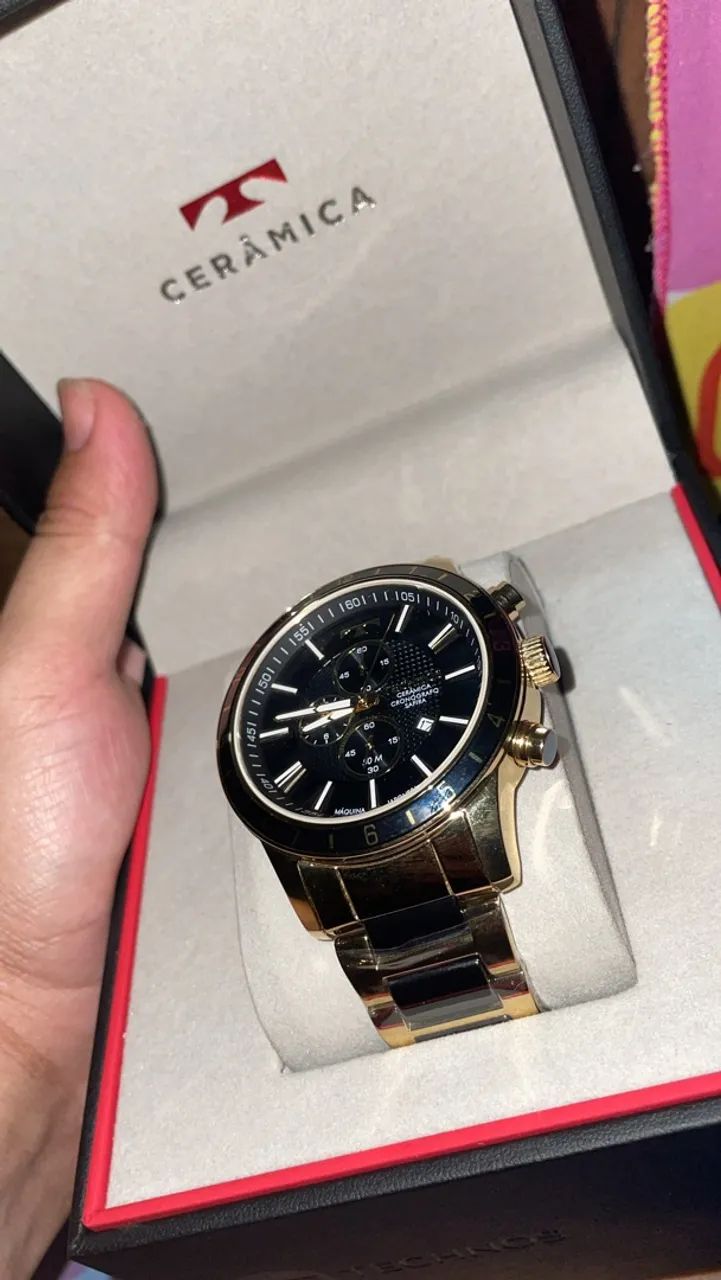 Relógio technos Ceramica cronografico SAFIRA dourado 