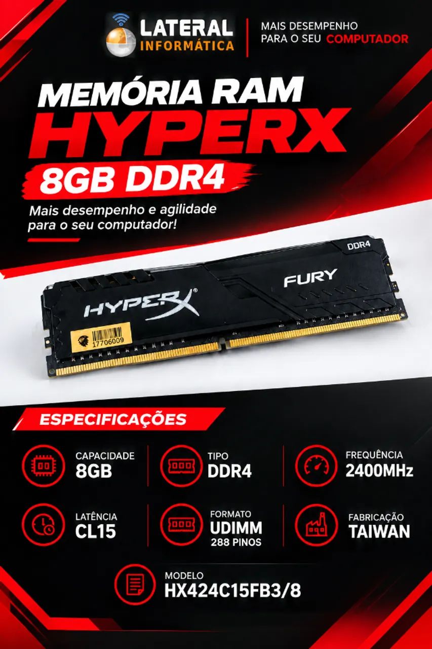 MEMÓRIA RAM HYPERX KINGSTON  8GB DDR4 COMPUTADOR