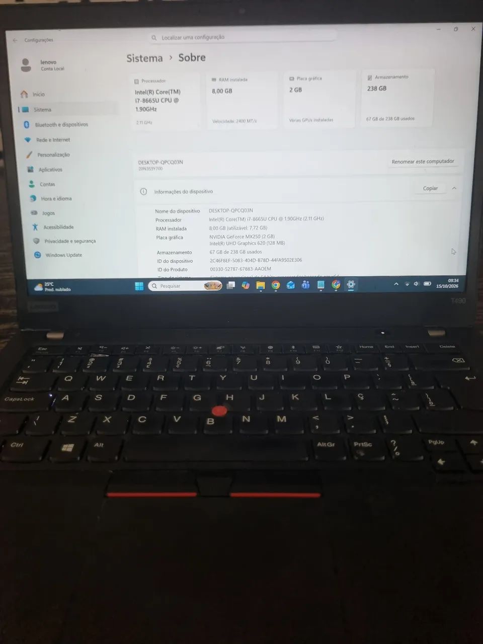 Notebook T490 i7 8a geração 