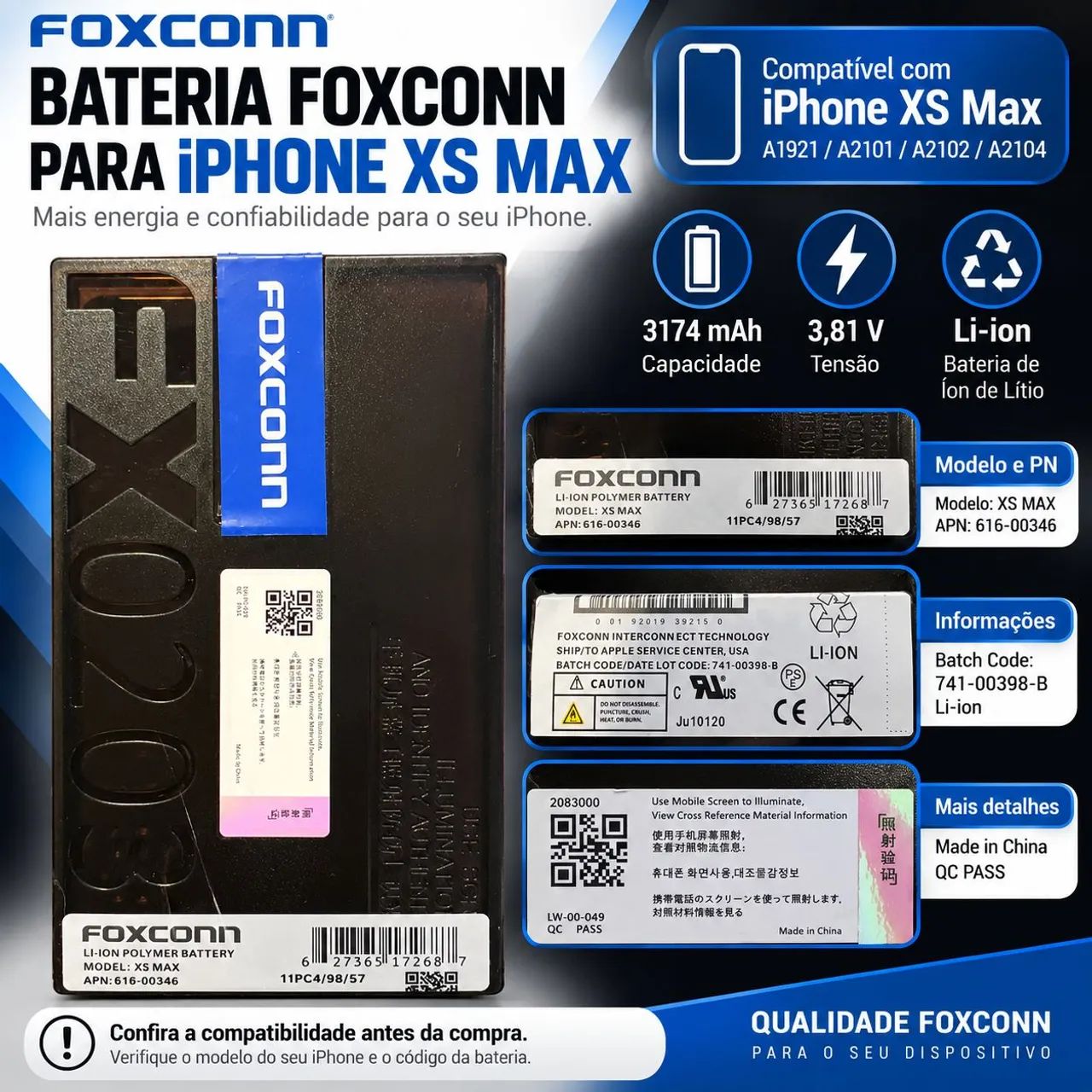 Bateria Foxconn para iPhone XS Max - Nova