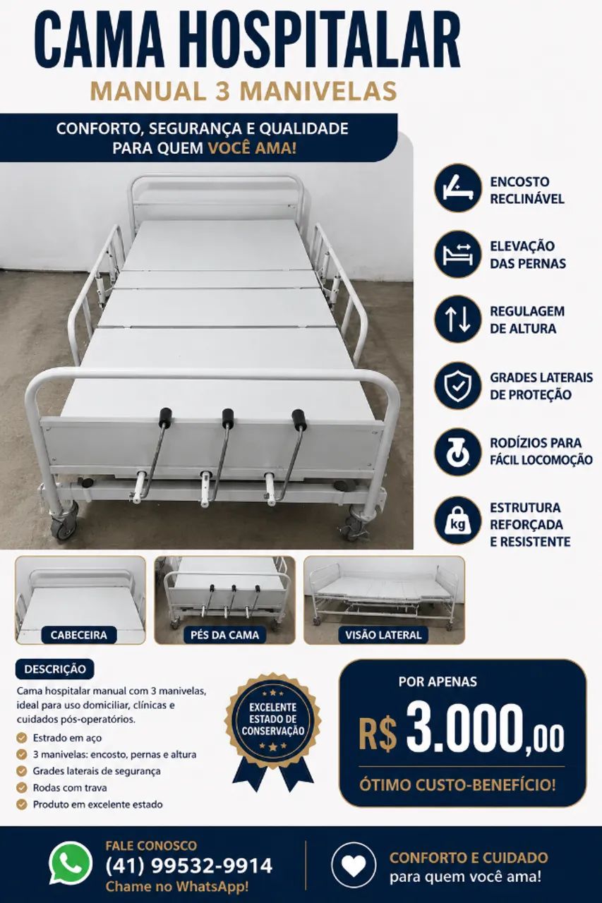 Cama hospitalar com 3 manivelas