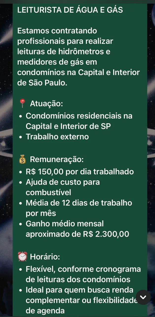VAGA LEITURISTA MASCULINA 