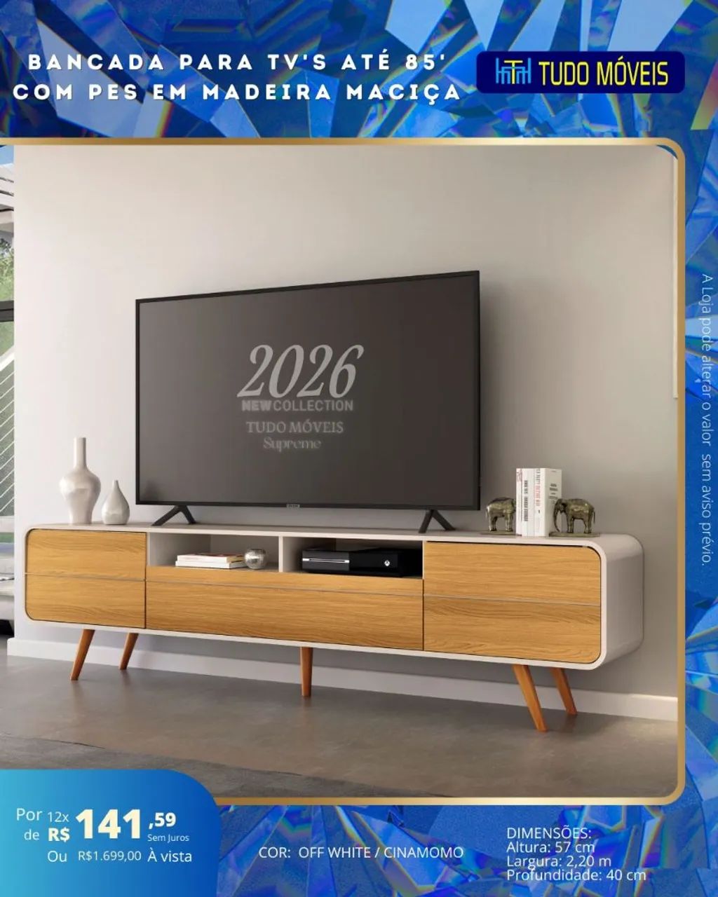 Bancada Para Tv's Até 85" Com Pés Em Madeira Maciça 