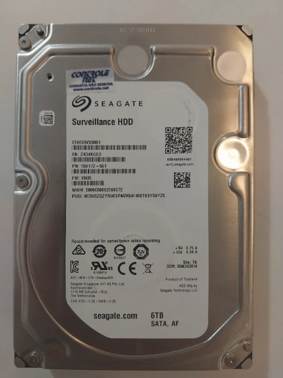 HD Seagate Surveillance 6TB 7.200 RPM - ST6000VX0001 - SN:Z4D4SB0G