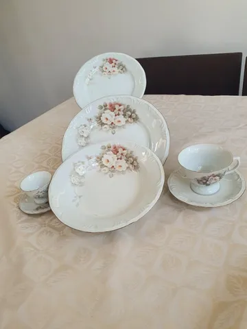 Antigo Jogo De Chá E Café, Porcelana Schmidt Floral Com Ouro