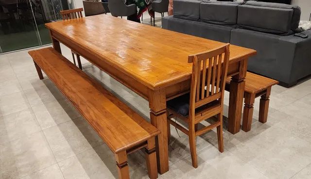 Mesa 3,00 mts X 1,00 m com 02 bancos e 02 cadeiras tudo em madeira maciça Peroba rosa - Foto 4