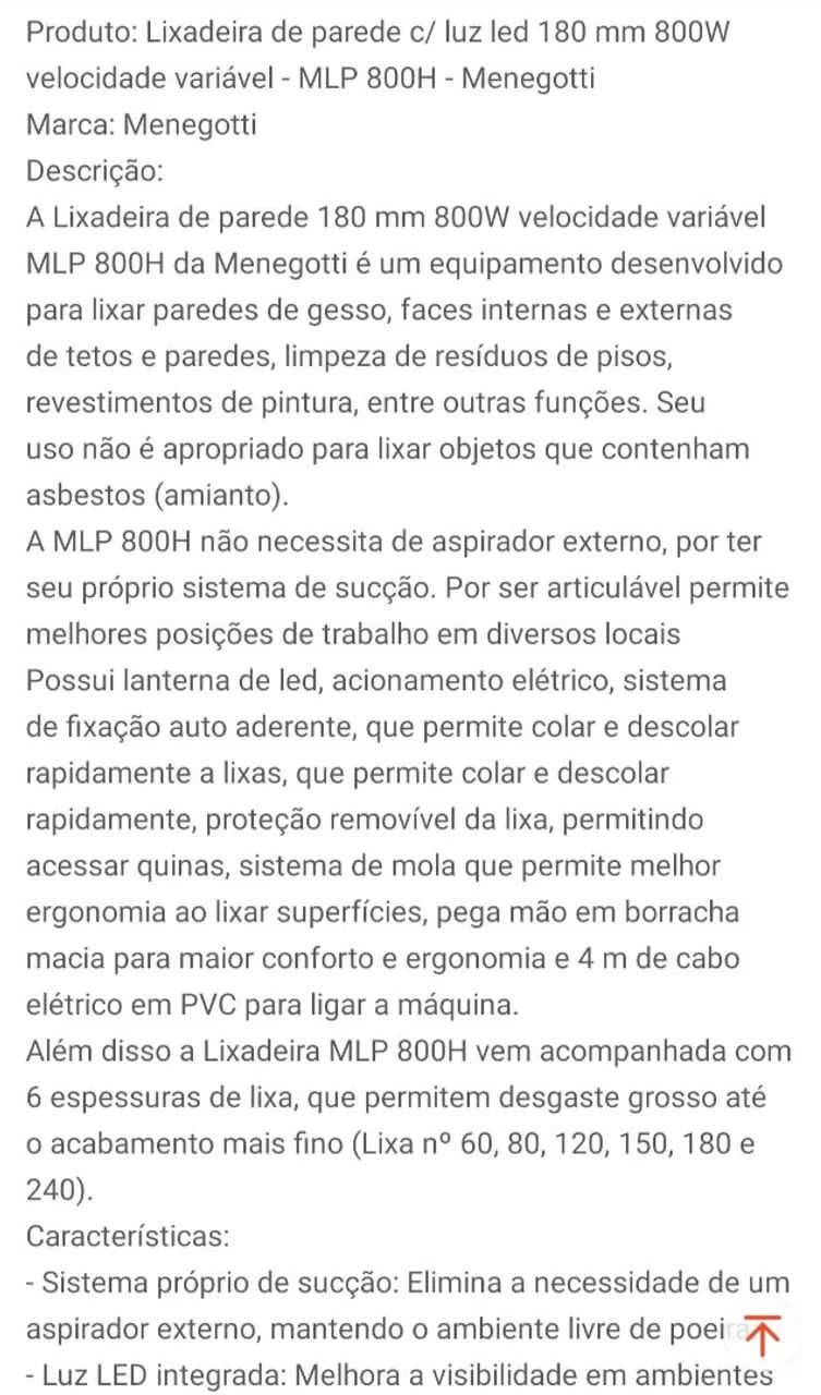 Lixadeira de Parede c/ Luz LED 180mm 800W - Menegotti - Foto 3