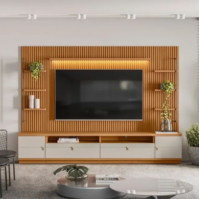 sala rack bancada home painel ripado