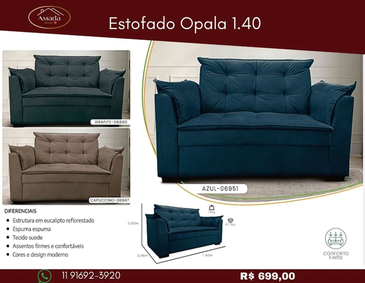Sofá Opala 1.40 - Conforto e Estilo para sua Sala! - entrega em 3 Dias 