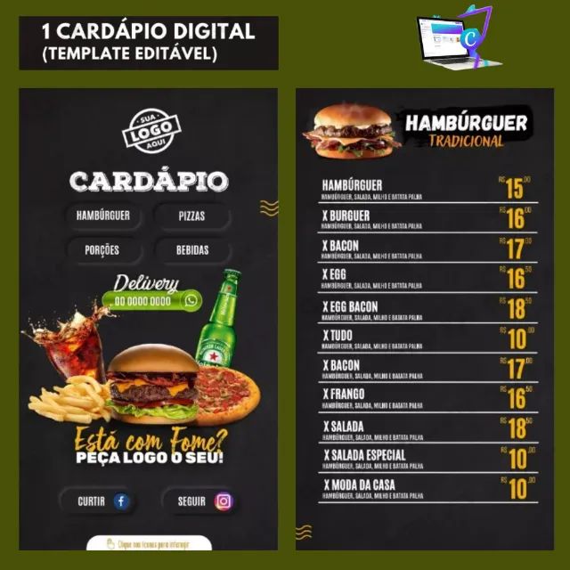 Pack Cardápio Digital Editável - Lanchontes, Pizzarias - Foto 2