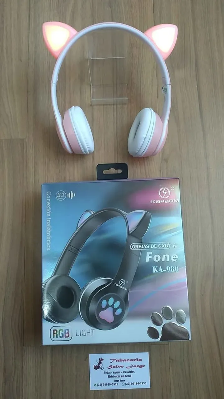 Headphone bluetooth sem fio com orelhas de gatinho e luz led