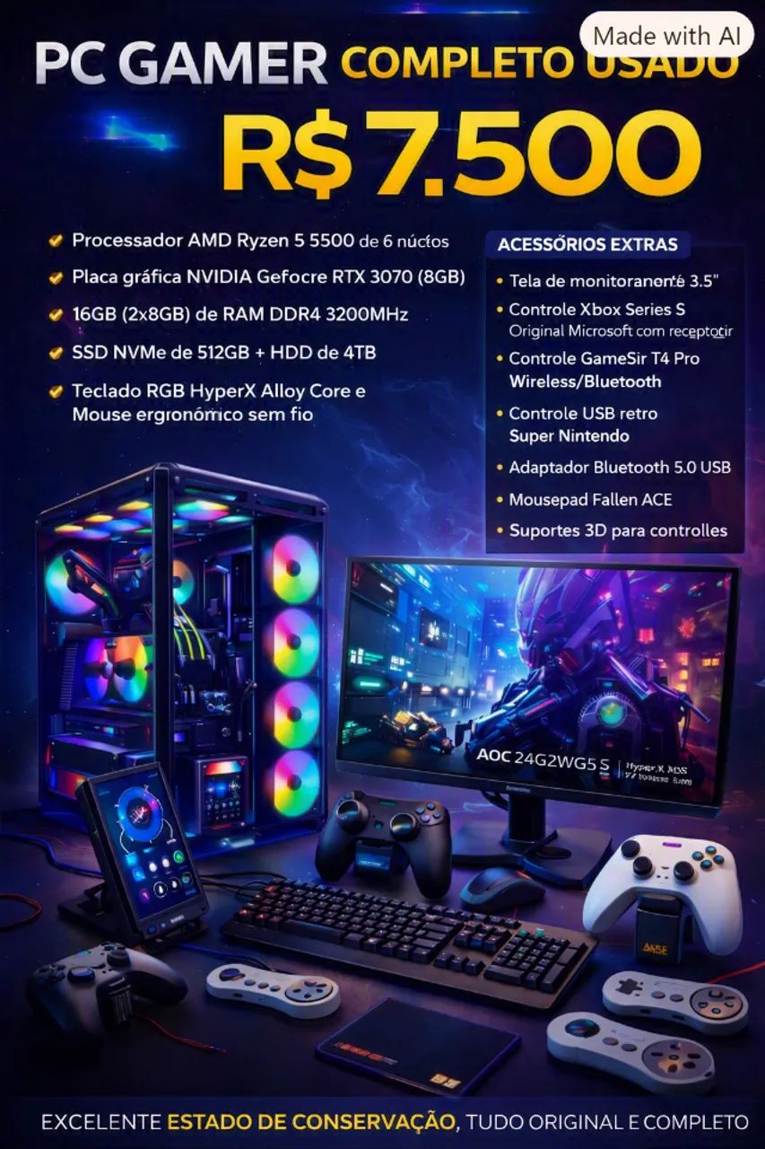 PC Gamer Completo - Potência e Estilo Premium