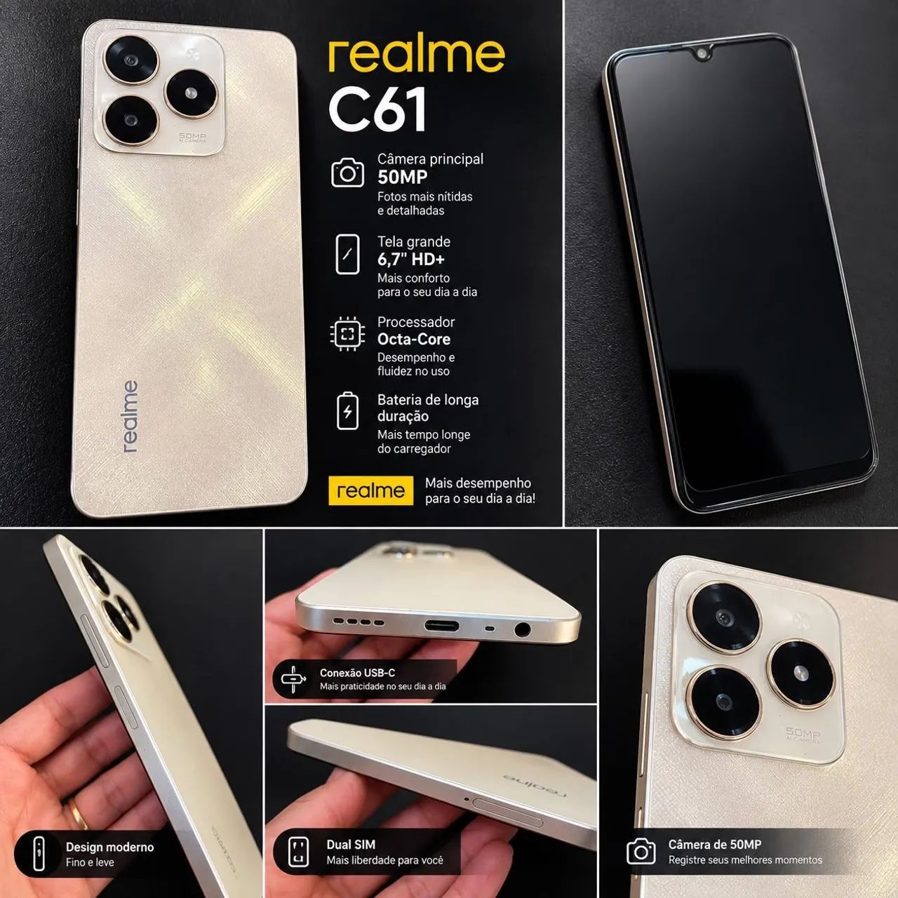 Realme C61 256 + 8GB RAM Dourado - Funcionando perfeitamente 