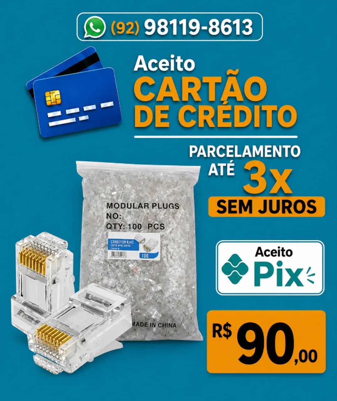 Conector RJ45 para cabo de Rede e Internet - (Cat5e ou Cat6)