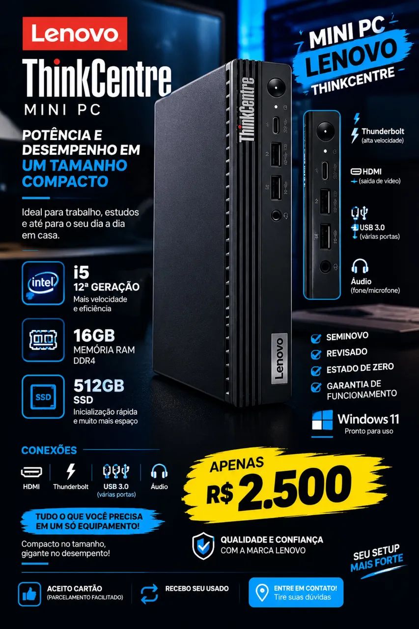  ?cpu Mini PC Lenovo ThinkCentre, i5 de 12ª geração,compacto. ? 16GB DDR4 ? SSD 512GB  - Foto 3