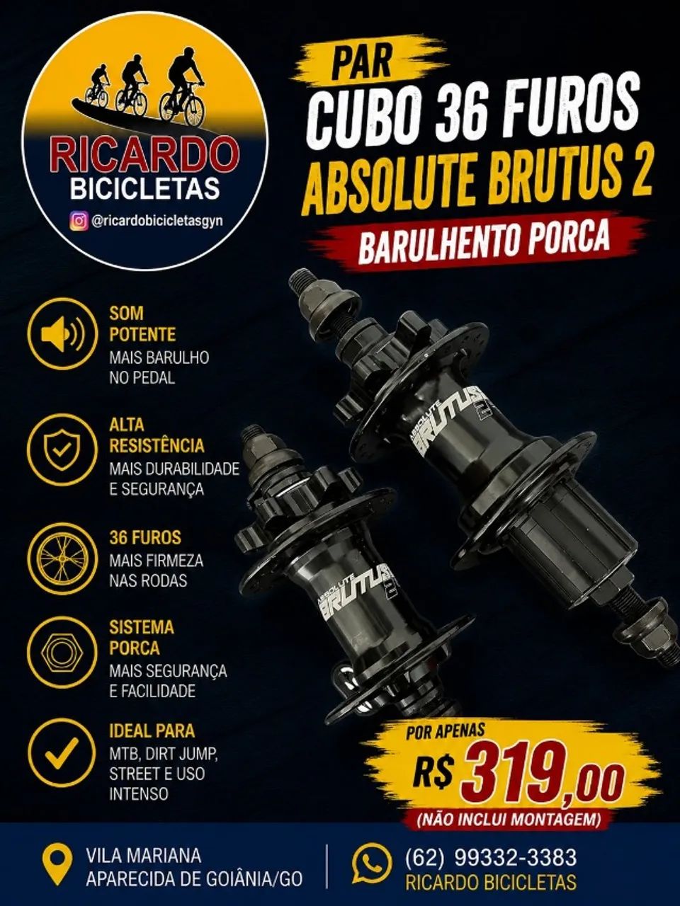 PAR CUBO ABSOLUTE BRUTUS K7 36 FUROS BARULHENTO C/ EIXO DE PORCA