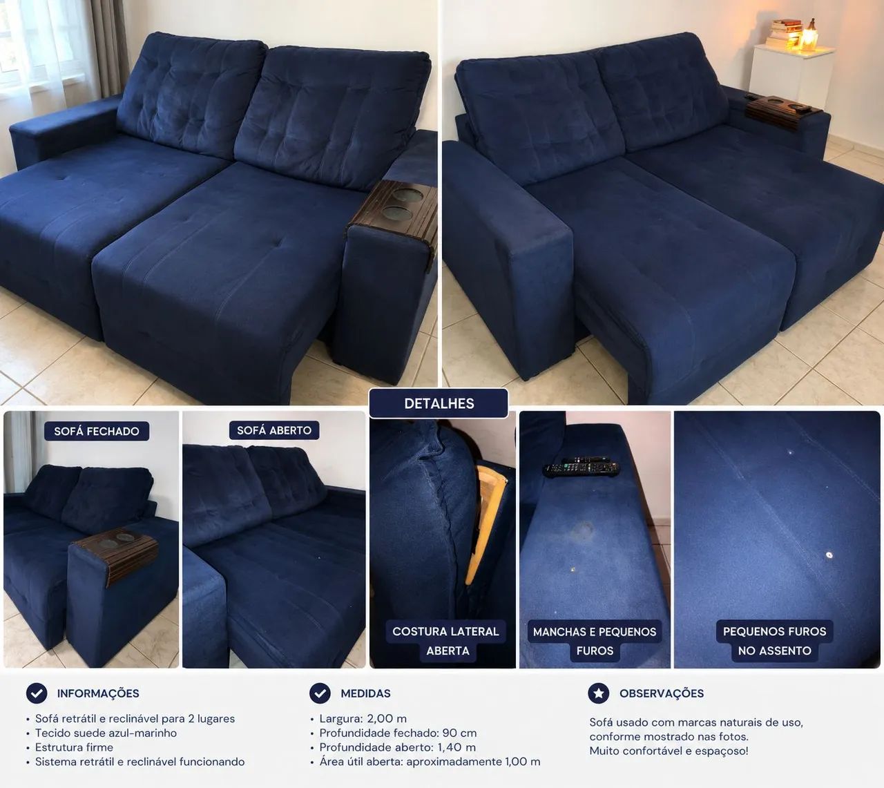 Sofá Retrátil e Reclinável - Azul Marinho 