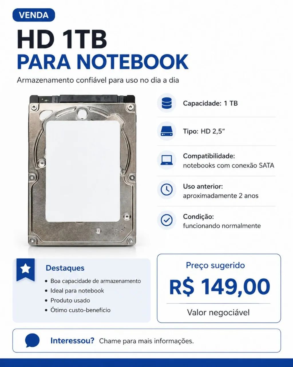 HD Para notebook 1TB usado e conservado
