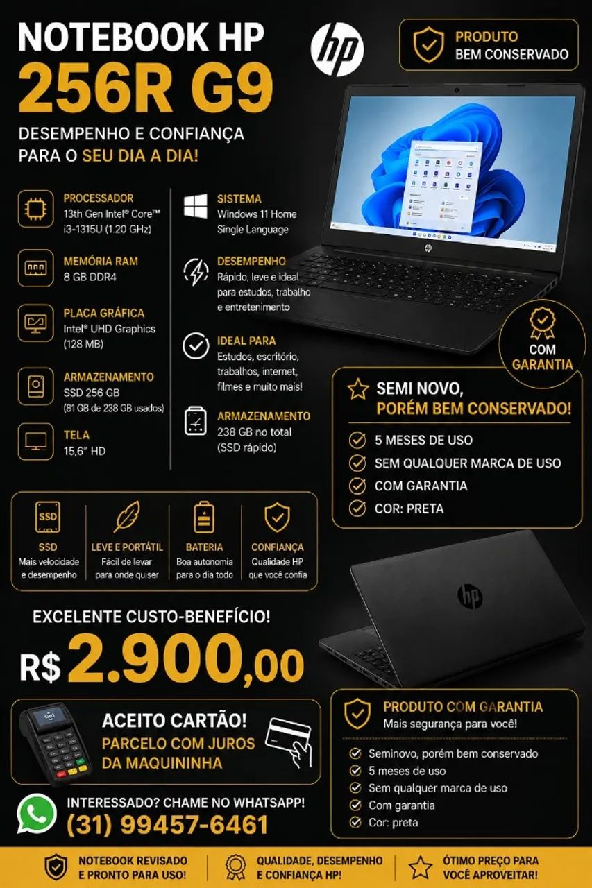 Notebook HP 256R G9 com i3-1315U, 8 GB e SSD 256 GB - Foto 2
