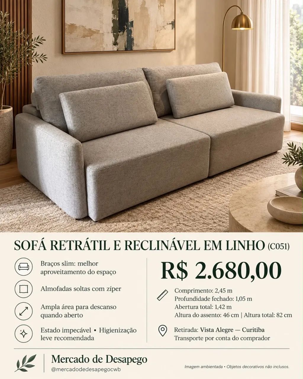 Sofá retrátil e reclinável em linho