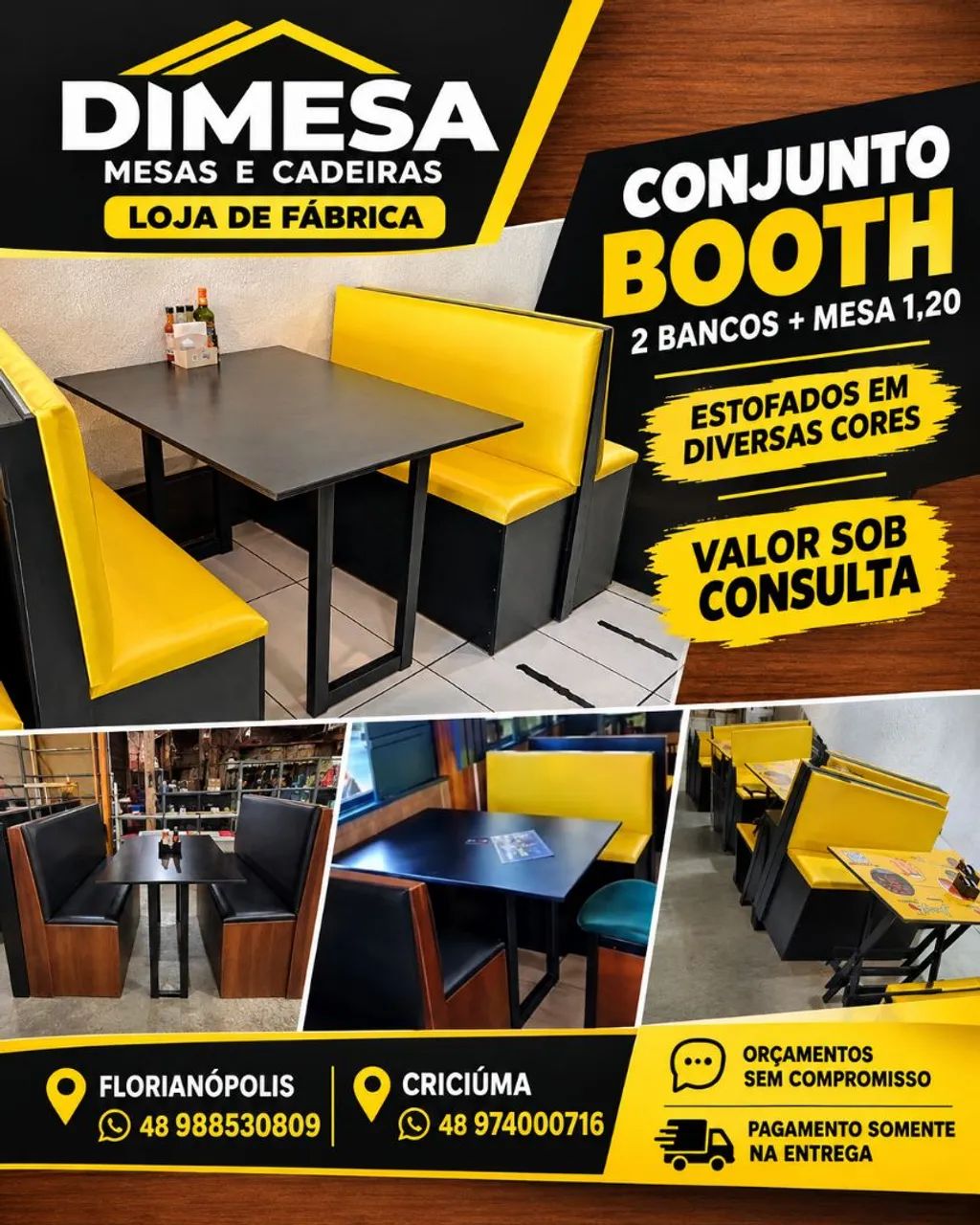 Conjunto bancos Booth com mesa 1,20